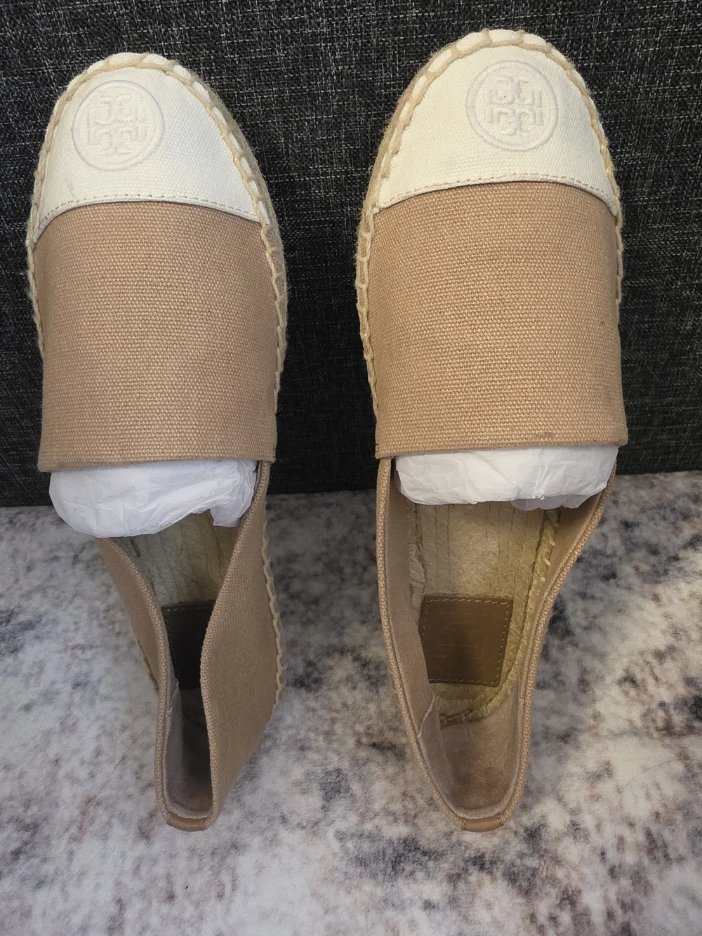 Tory Burch Beige and White Colorblock Canvas Espadrilles